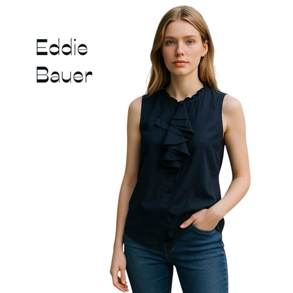 Eddie Bauer Navy Ruffled Sleeveless Top Size M OfficeCore Feminine